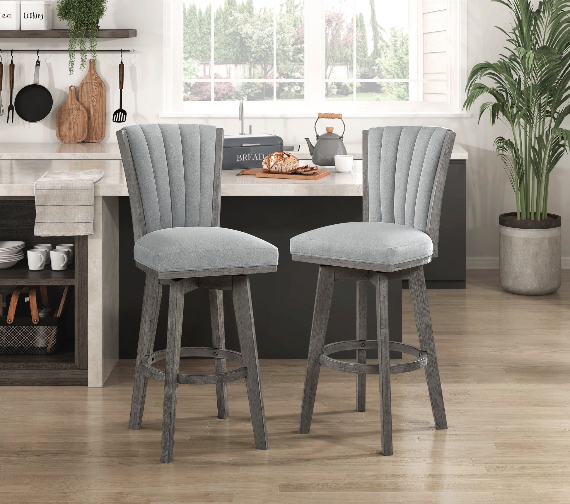 Gray Finish Set Of 2 Pub Height Chairs Swivel Seat Tufted Fabric Upholstered Solid Wood Dining Furniture Transitional Style Gray Dining Room Transitional Solid Wood