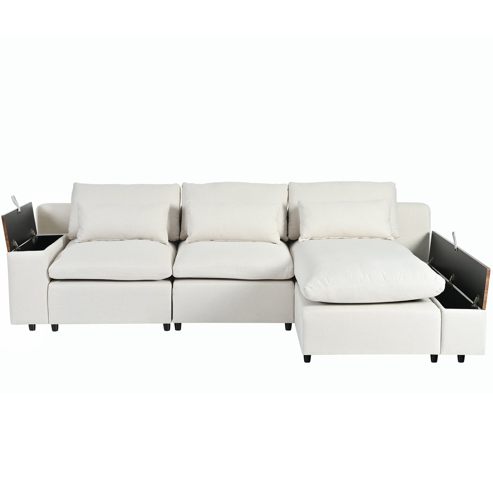 L Shaped Modular Sectional Sofa With Removable Back Cushions,3 Pillows And 2 Storage Spaces,Suitable For Living Rooms,Offices And Apartments Beige Polyester 3 Seat