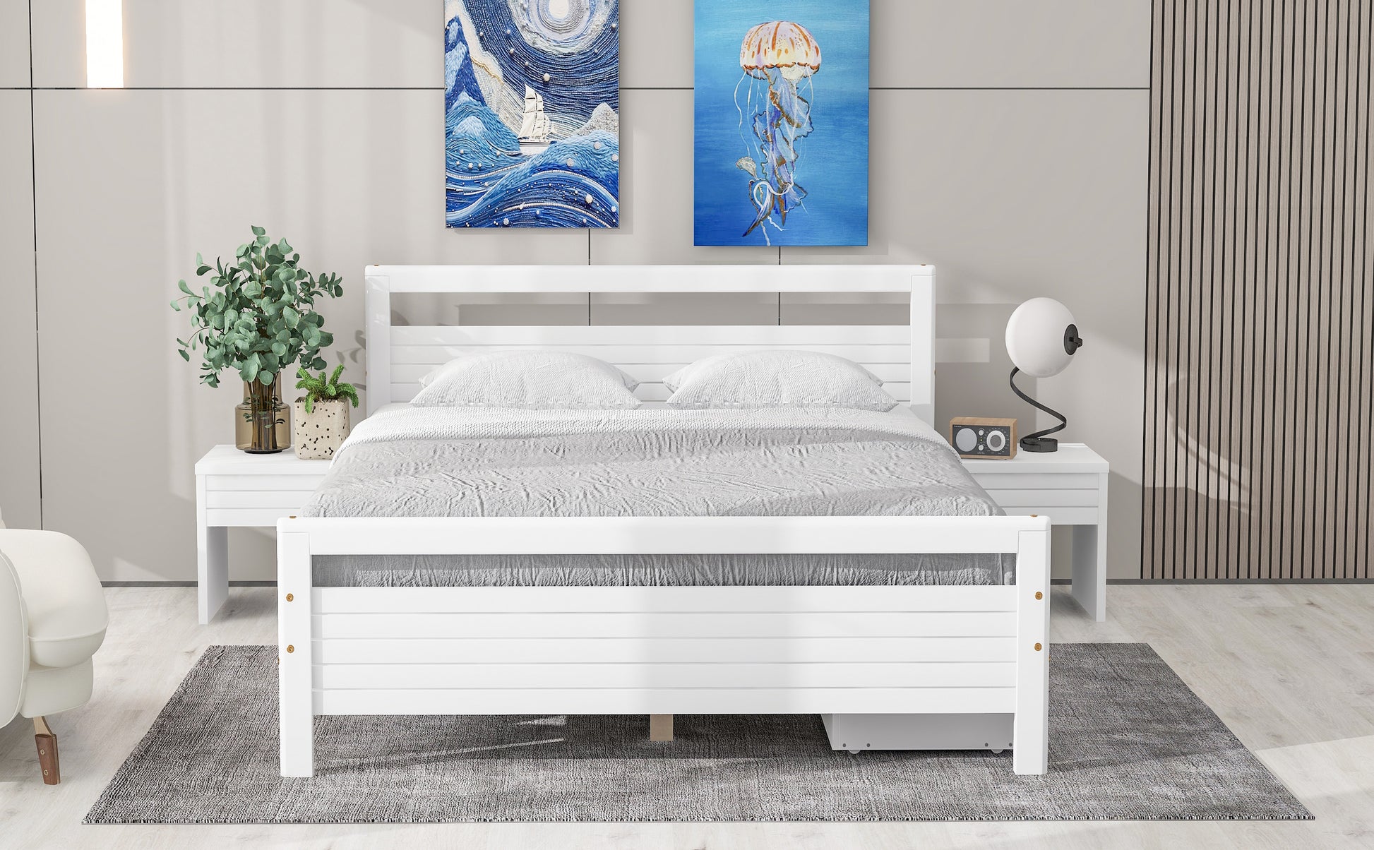 Queen Size Wooden Platform Bed With 2 Storage Drawers And 2 Bedside Tables, White Queen White Pine