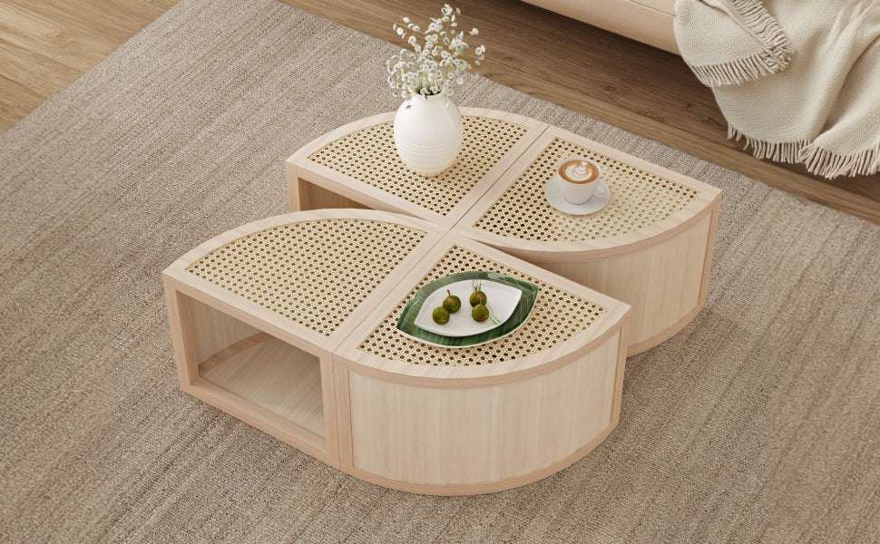 Round To Square Block Modular Coffee Table Light Natural Rattan With Storage 4 Piece Light Natural Rubber Wood