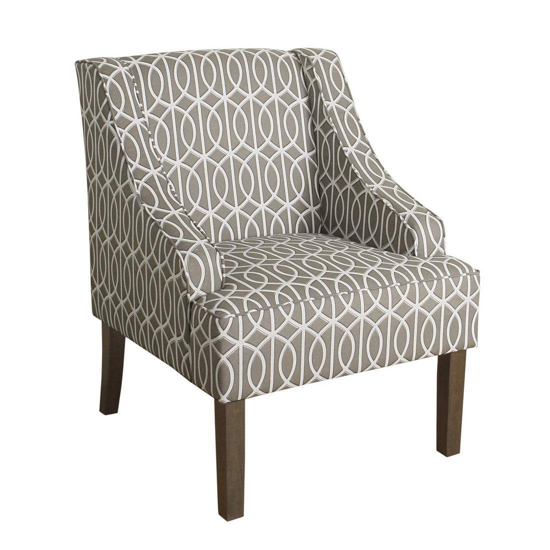 Fabric Upholstered Wooden Accent Chair With Trellis Pattern Design, Gray, White And Brown Grey Brown Wood Fabric