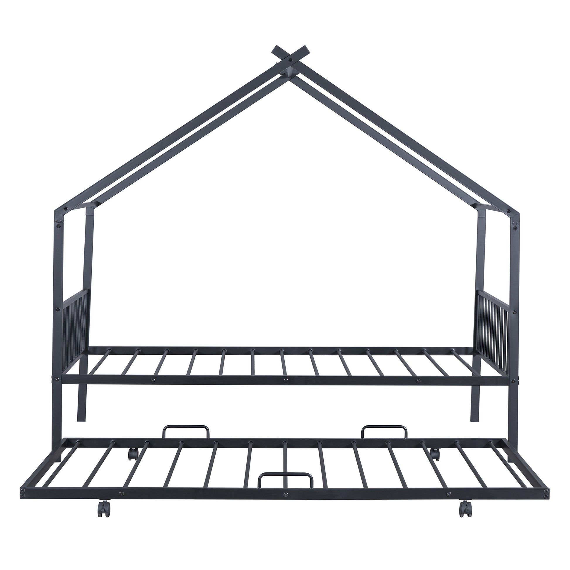 Twin Size Metal House Bed With Twin Size Trundle, Black Twin Black Metal