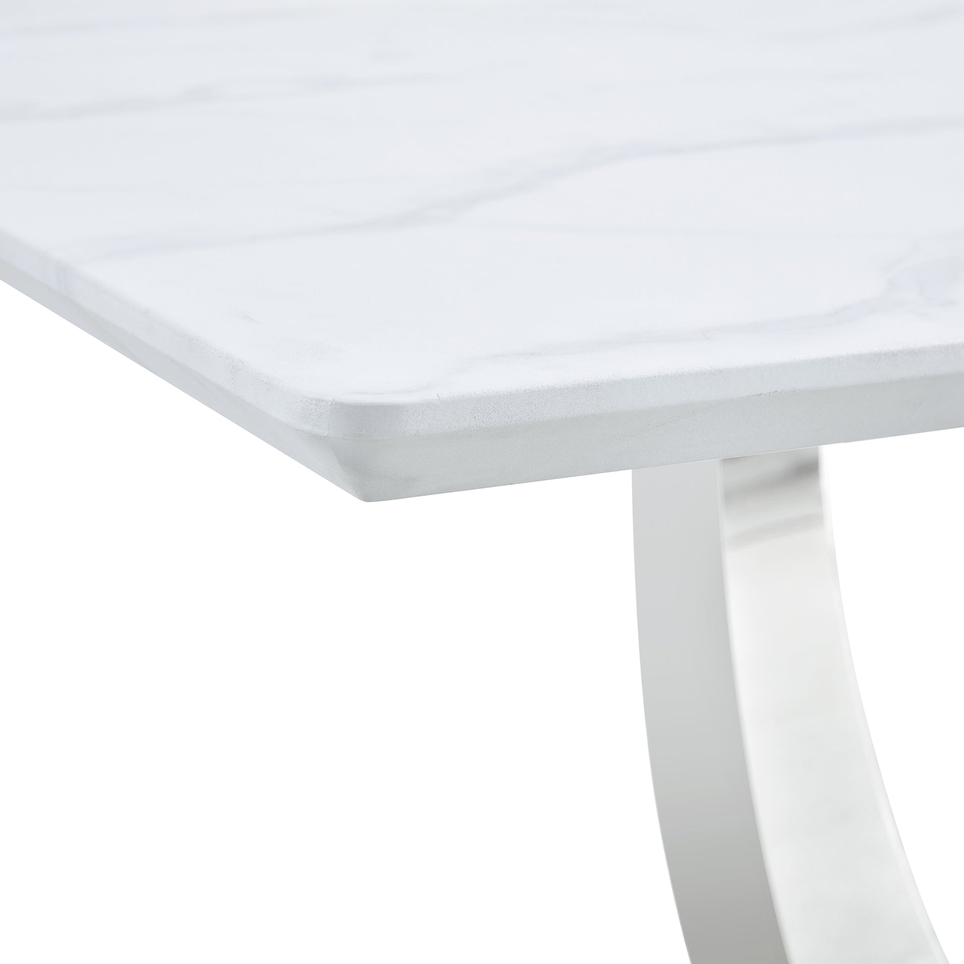 Table And Chair Set. Large Modern Rectangular Table With White Textured Top And Silver Metal Legs. Soft And Comfortable Pu Seats, Faux Leather Upholstered Seats And Sturdy Metal Legs. White Black Mdf Metal