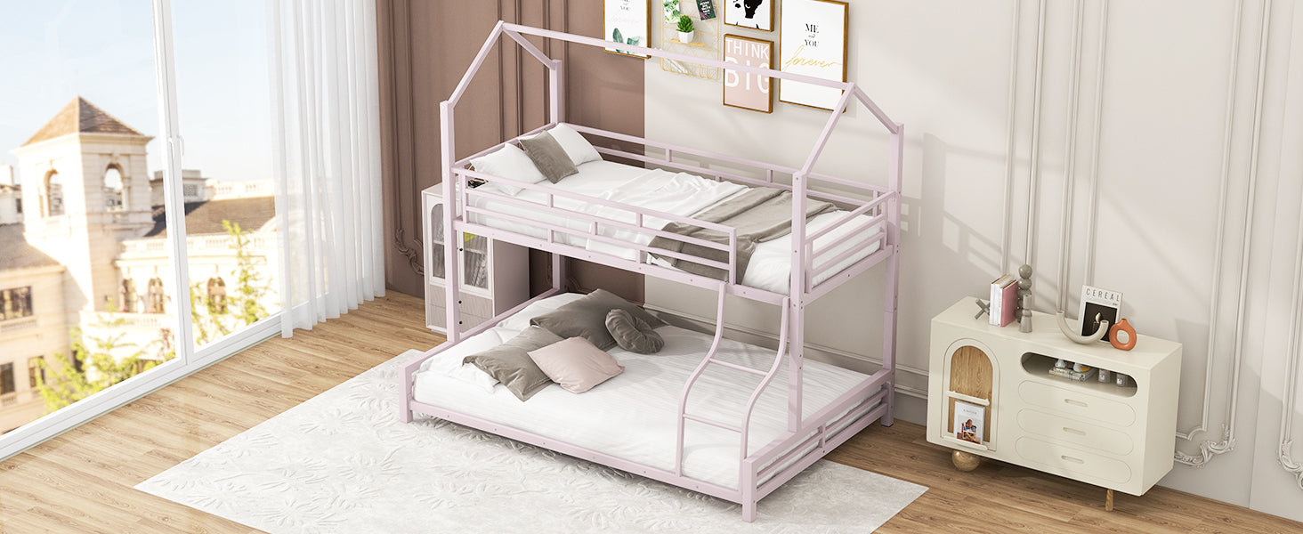 Metal House Bunk Bed, Twin Over Full, Pink Full Pink Metal