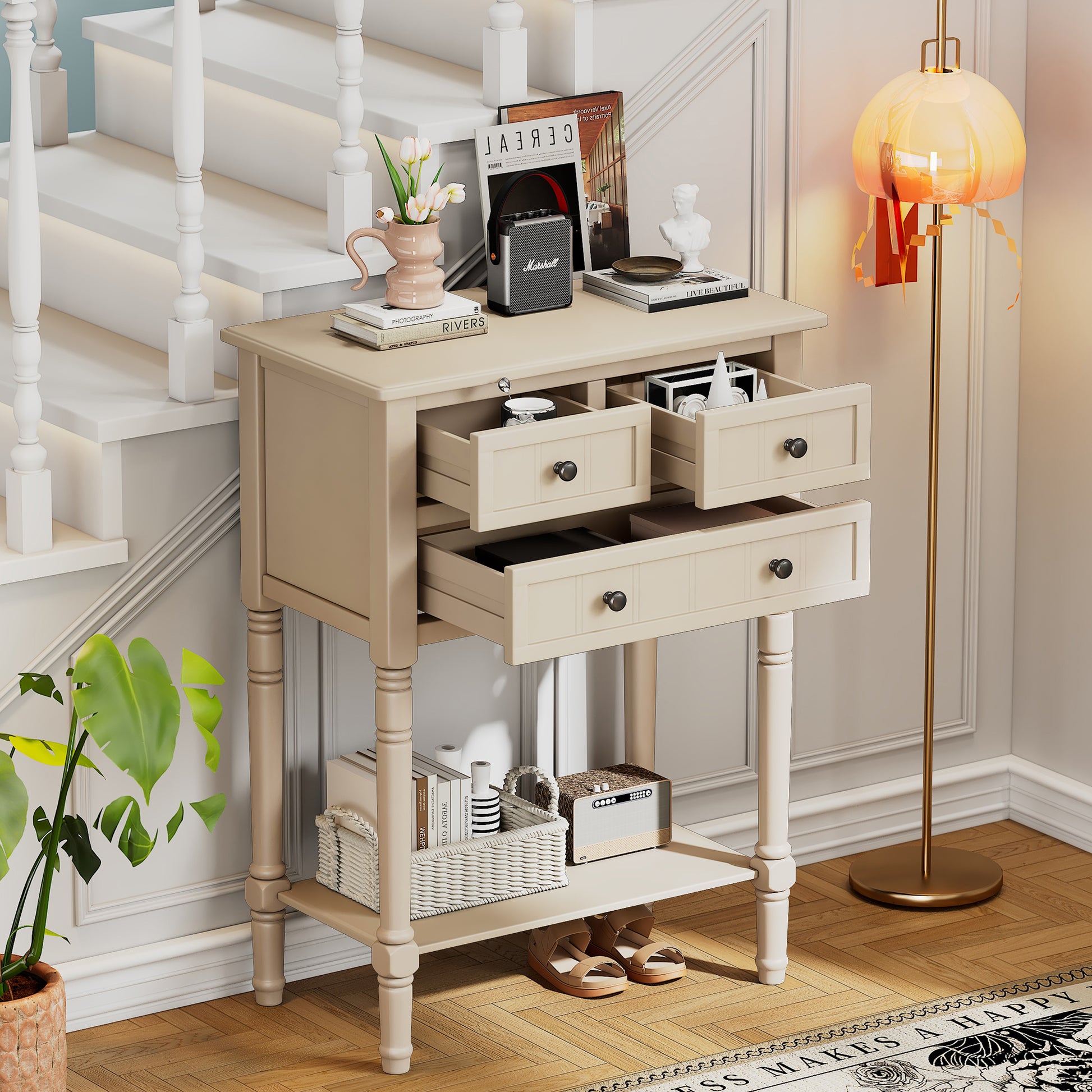 Narrow Console Table, Slim Sofa Table With Three Storage Drawers And Bottom Shelf Beige Beige Solid Wood Mdf