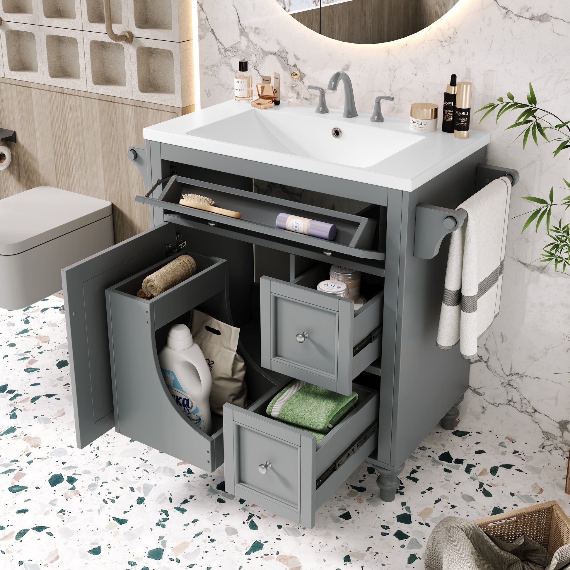 30'' Bathroom Vanity With Top Sink, Modern Bathroom Storage Cabinet With 2 Drawers And A Tip Out Drawer, Single Sink Bathroom Vanity Same As Sw000143Aae Grey Bathroom Modern Solid Wood Mdf Resin