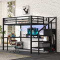 Full Size Loft Bed With L Shaped Desk And Usb, Metal Loft Bed With Wardrobe And Adjustable Shelf, High Loft Bed With Led For Kids Teens Adults, Black Full Black Metal