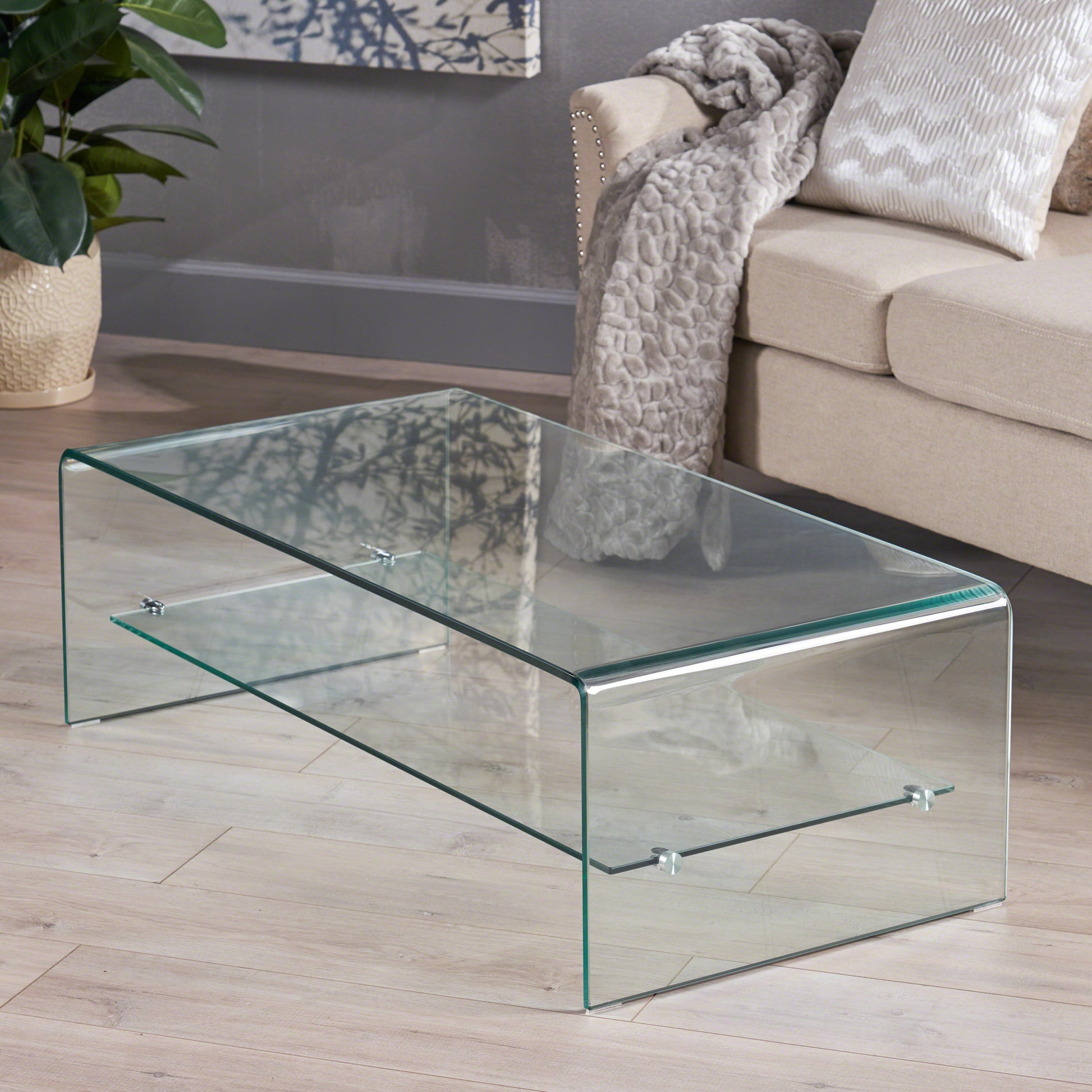 Ramona Glass Coffee Table W Shelf Clear Tempered Glass