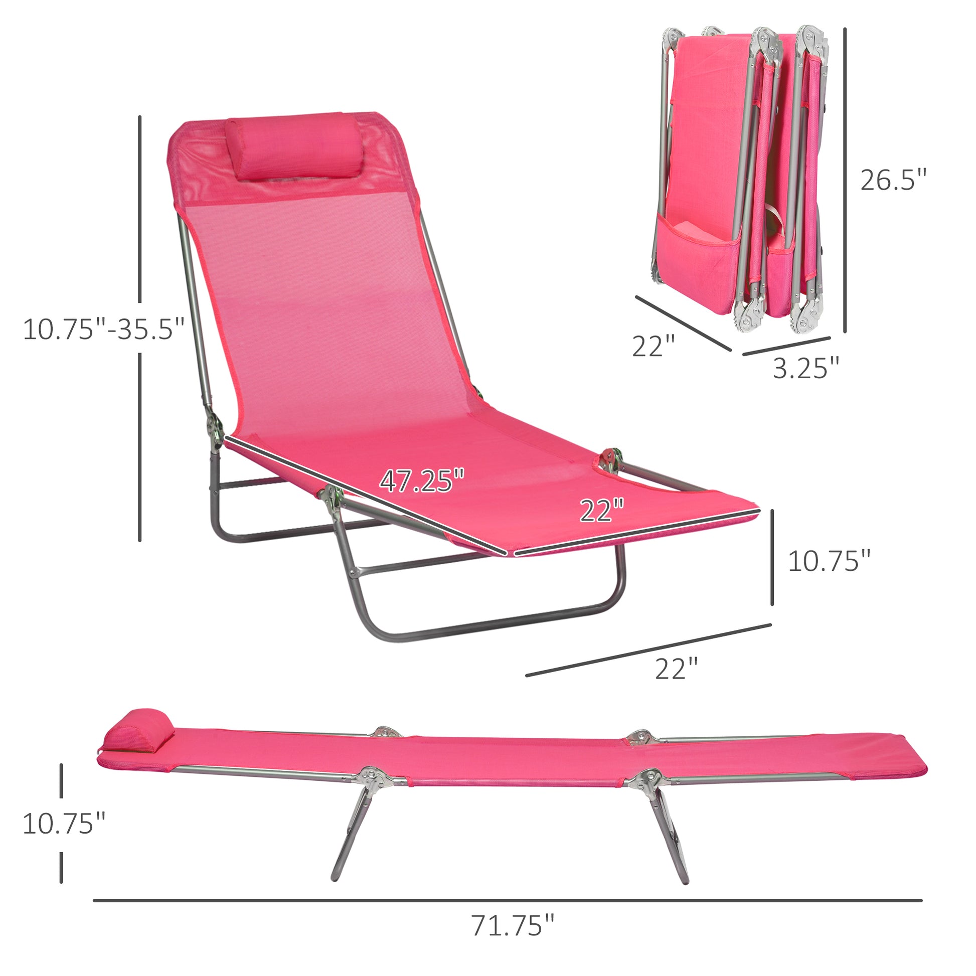 Outsunny 2 Piece Folding Chaise Lounge Chairs, Pool Sun Tanning Chairs, Outdoor Lounge Chairs With 6 Position Reclining Back,Mesh Seat, Headrest For Beach, Yard, Patio, Pink Pink Steel