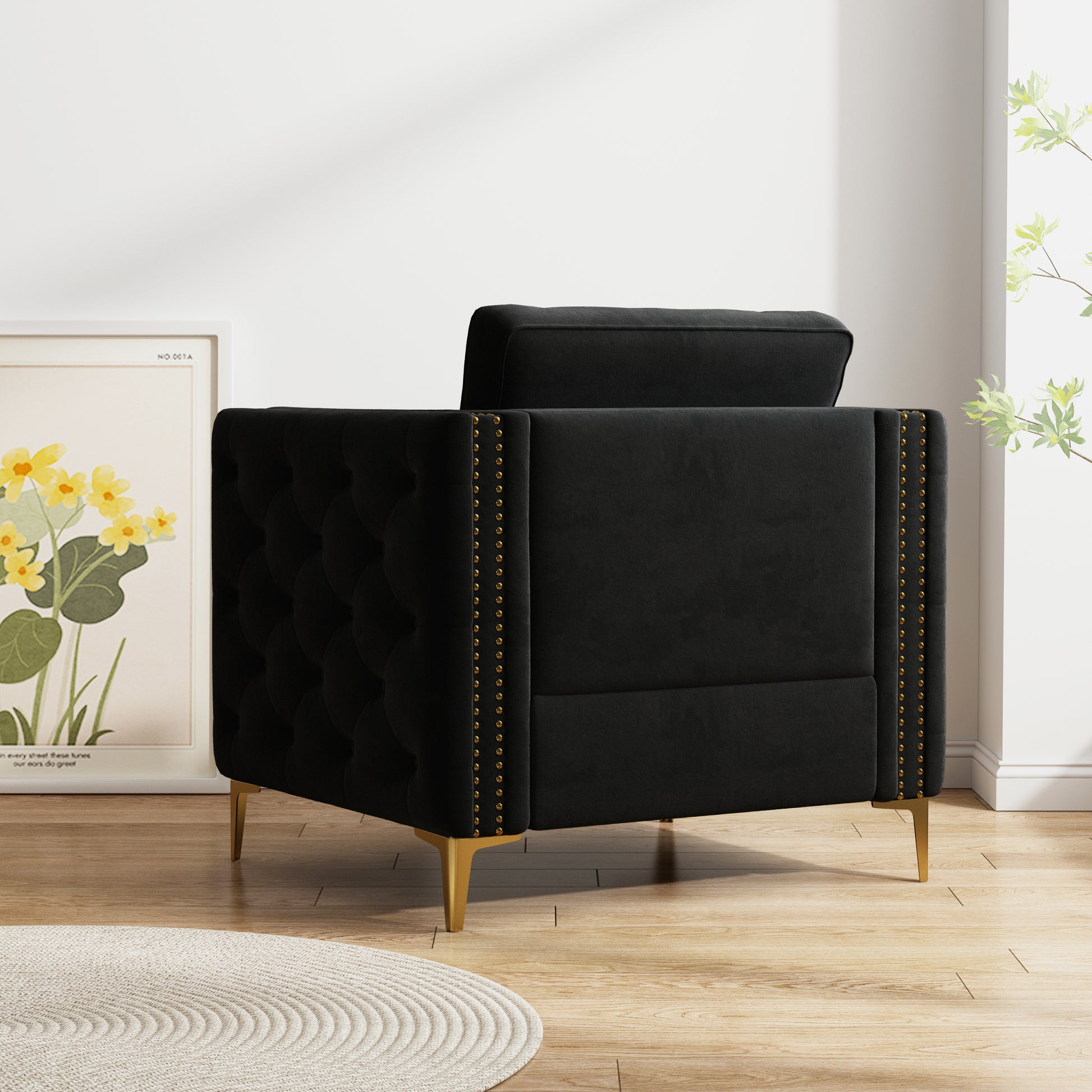 Accent Chair For Living Room Upholstered Arm Chair With Metal Legs Velvet Black Black Foam Fabric
