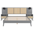 Queen Size Solid Wood Bed Frame With 2 Nightstands, Elegant Design With Lamps, Rattan And Wood Combination,Gray Queen Gray Wood