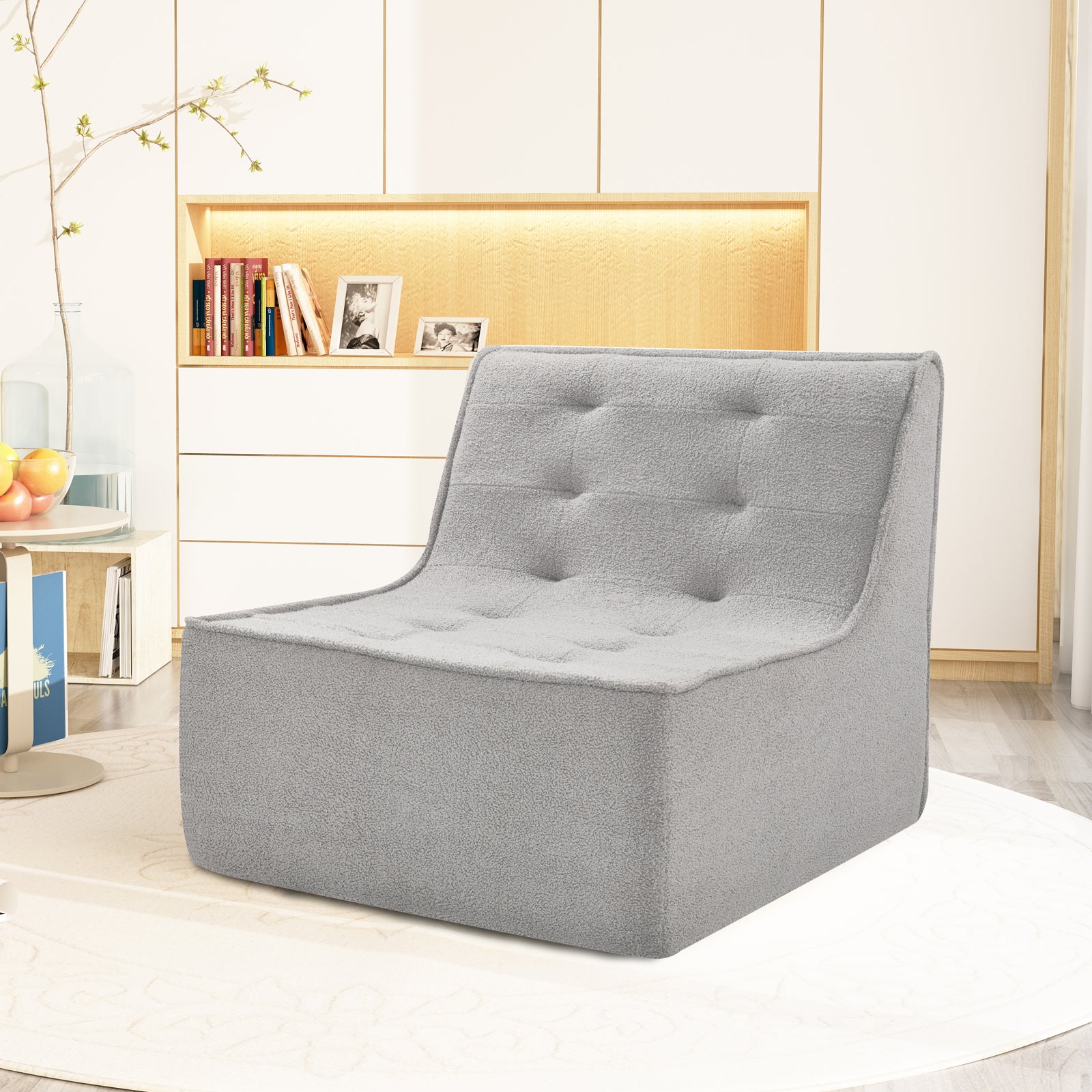 Fireside Chair, Lazy Floor Sofa Couch, Teddy Velvet Bean Bag Chair, Tatami Sofa With High Resilience Foam For Living Room, Bedroom, Office Salon, Gray Gray Soft Foam Foam,Teddy
