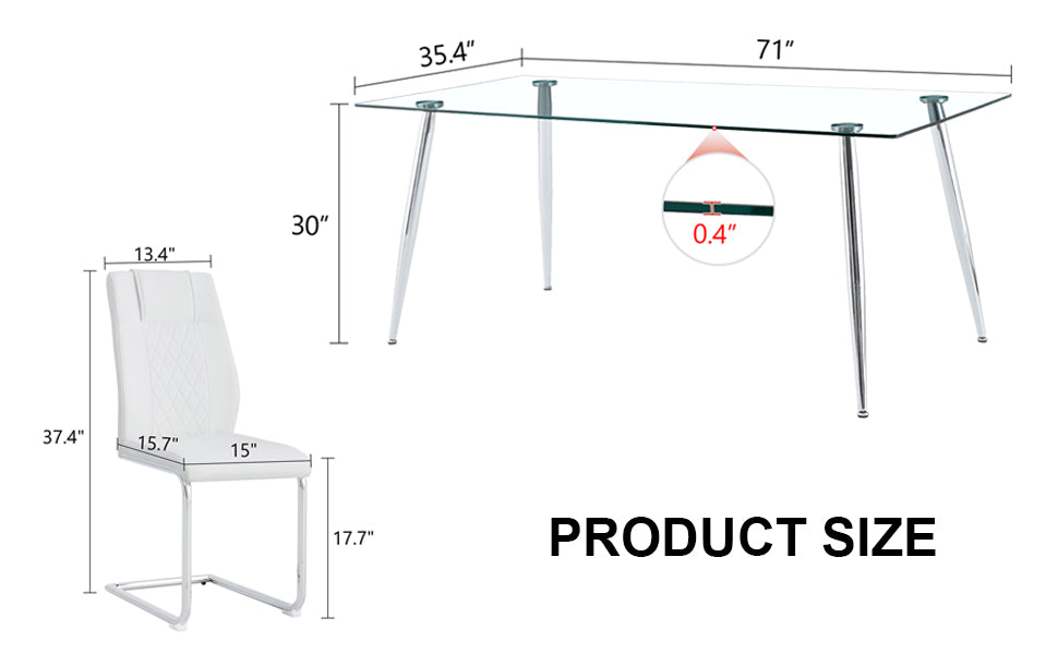 Table And Chair Set.Modern Rectangular Glass Dining Table With A Tempered Glass Tabletop And Silver Metal Legs, Paired With Multiple Chairs Designed With Pu Cushions And Silver Metal Legs. Silver White Seats 8 Tempered Glass