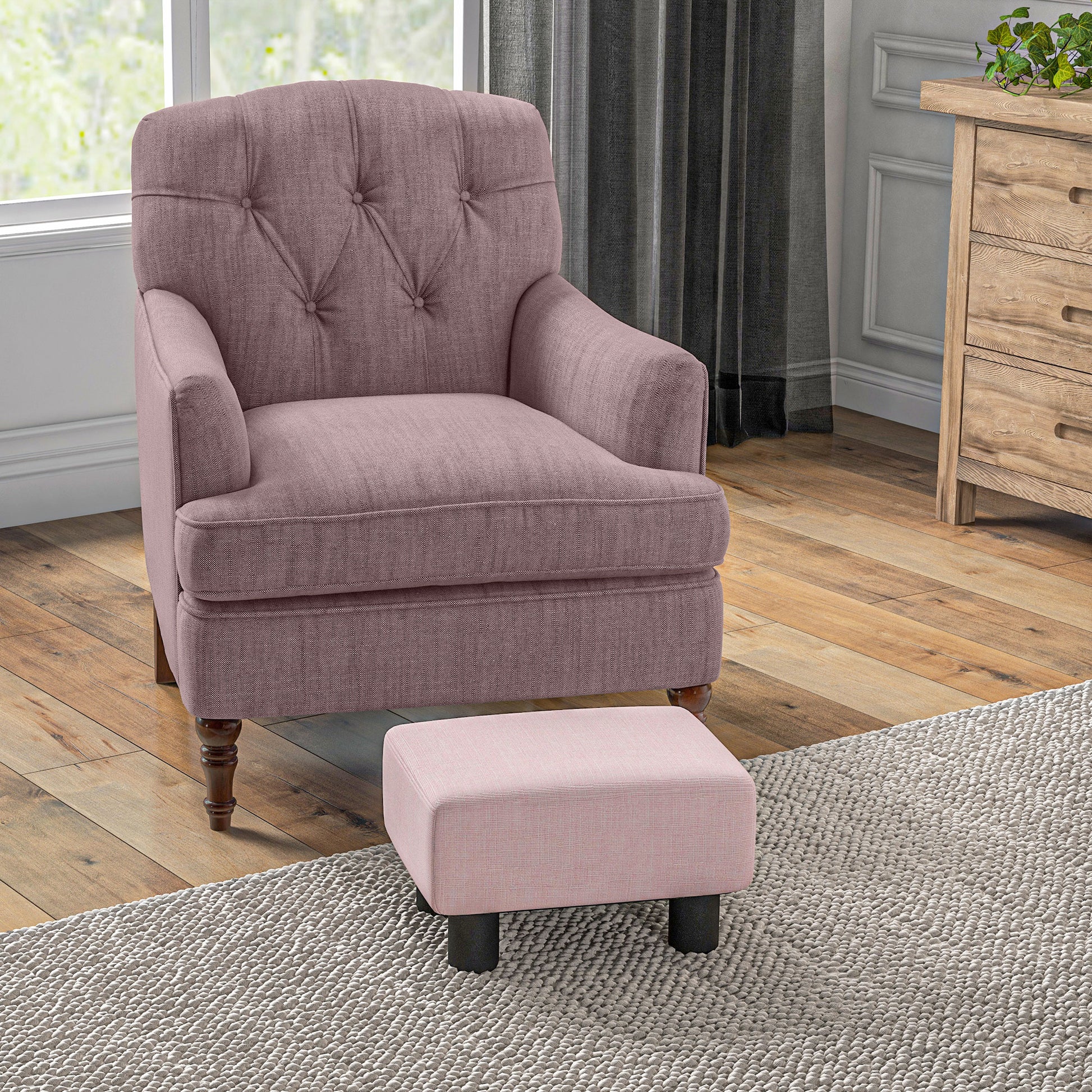 Homcom Ottoman Foot Rest, Small Foot Stool With Linen Fabric Upholstery And Plastic Legs, Cube Ottoman For Living Room, Pink Pink Linen