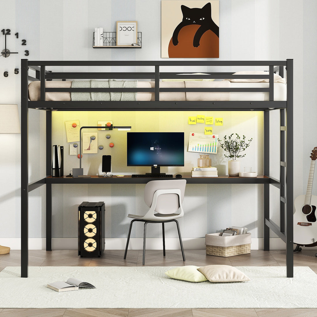 Metal Full Size Loft Bed With Power Outlet And Led Lighted, Space Saving, Noise Reduced, Black Full Black Metal