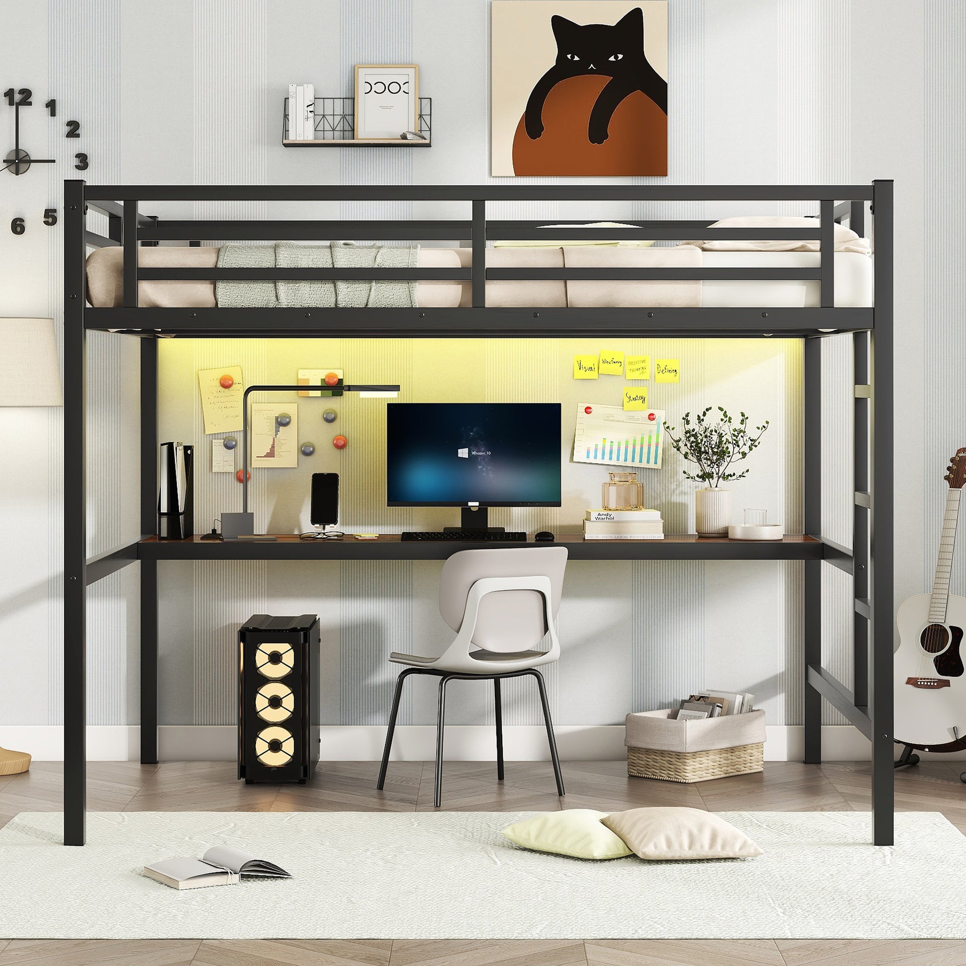 Metal Full Size Loft Bed With Power Outlet And Led Lighted, Space Saving, Noise Reduced, Black Full Black Metal