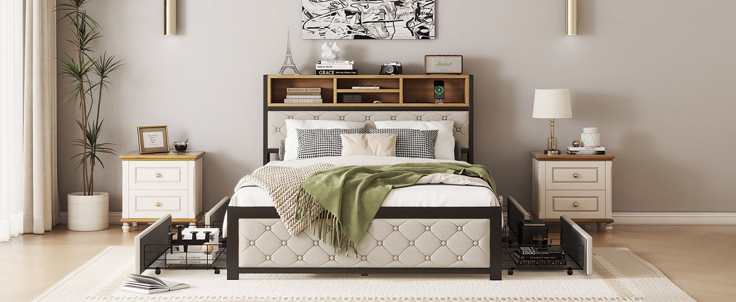 Metal Full Size Platform Bed With 4 Drawers, Upholstered Headboard And Footboard, Sockets And Usb Ports, Beige Full Beige Black Fabric Metal