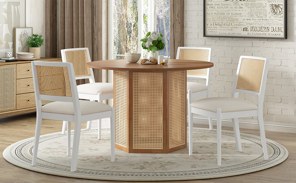 5 Piece Rattan Round Dining Table Set, Wood Table With Hexagonal Base And Upholstered Chairs For Dining Room, Kitchen,Indoor Use, White Beige Wood Dining Room Solid Wood Rubberwood Round Dining Table With Chair Wood Wood White Seats 4 Traditional Round