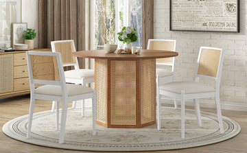 5 Piece Rattan Round Dining Table Set, Wood Table With Hexagonal Base And Upholstered Chairs For Dining Room, Kitchen,Indoor Use, White Beige Wood Dining Room Solid Wood Rubberwood Round Dining Table With Chair Wood Wood White Seats 4 Traditional Round