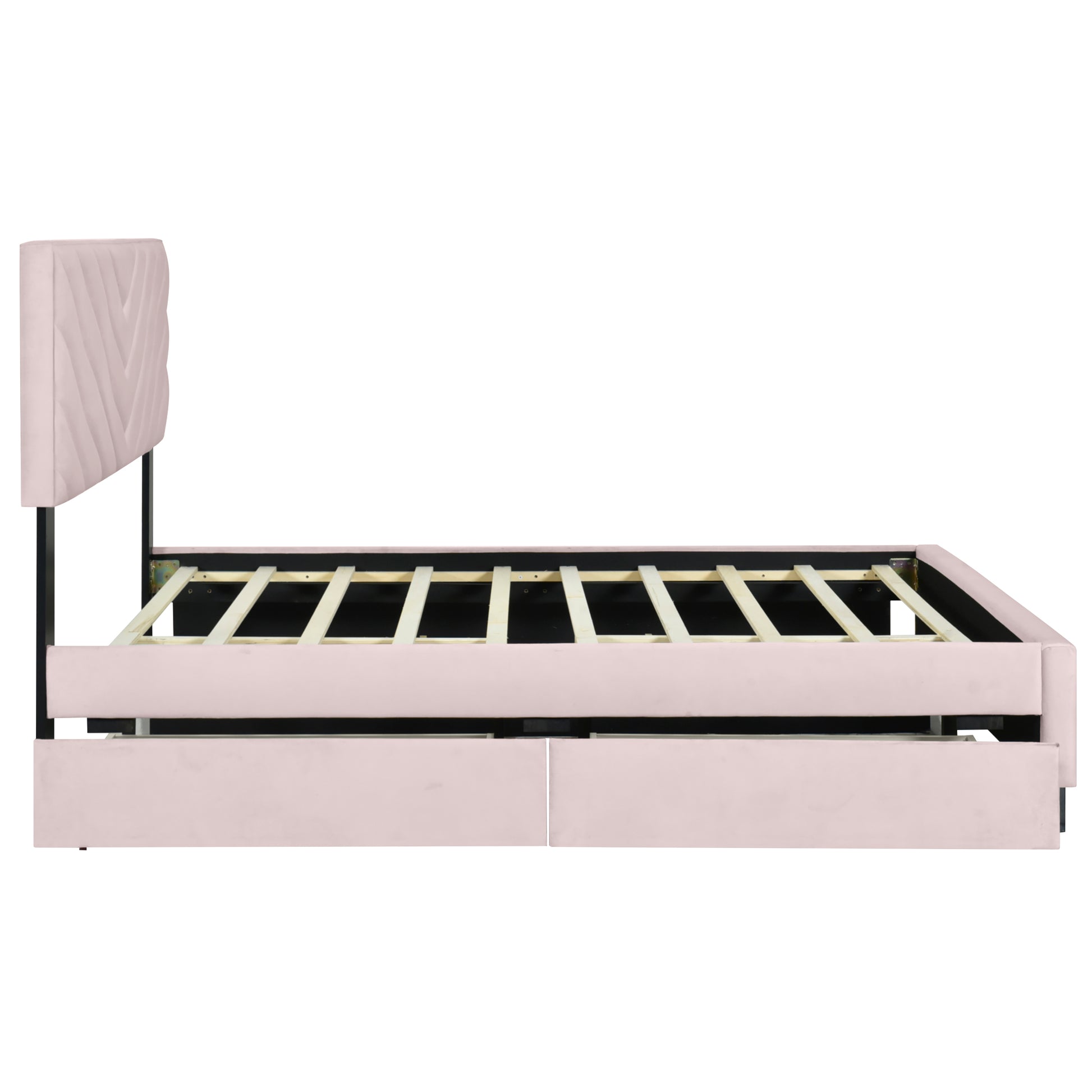 Queen Size Upholstered Platform Bed With Twill Headboard, Pullout Bed And Two Drawers, Flannel,Pink Queen Pink Mdf Lvl