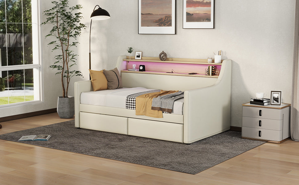 Twin Size Daybed With Storage Drawers, Upholstered Daybed With Charging Station And Led Lights, Beige Expect Arrive Date: Jun.,20Th. Twin Beige Pu Leather