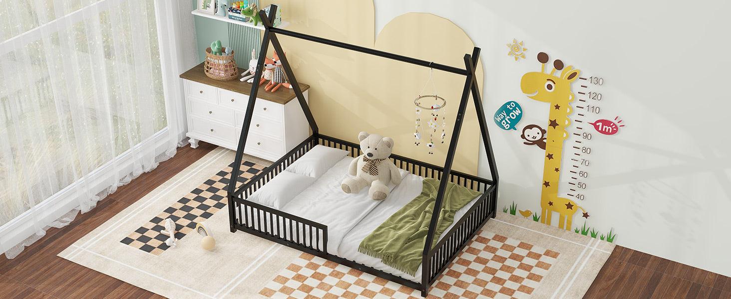 Metal Full Size House Platform Bed With Triangle Structure And Guardrail, Black Box Spring Not Required Full Black Metal Metal