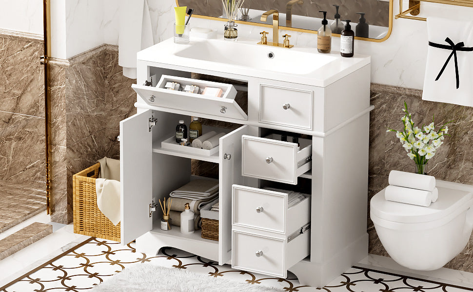 36'' Bathroom Vanity With Resin Sink Combo, Solid Wood Frame Bathroom Storage Cabinet, Freestanding Vanity Set With 3 Drawers& Adjustable Shelf White Bathroom Modern Solid Wood Mdf Resin