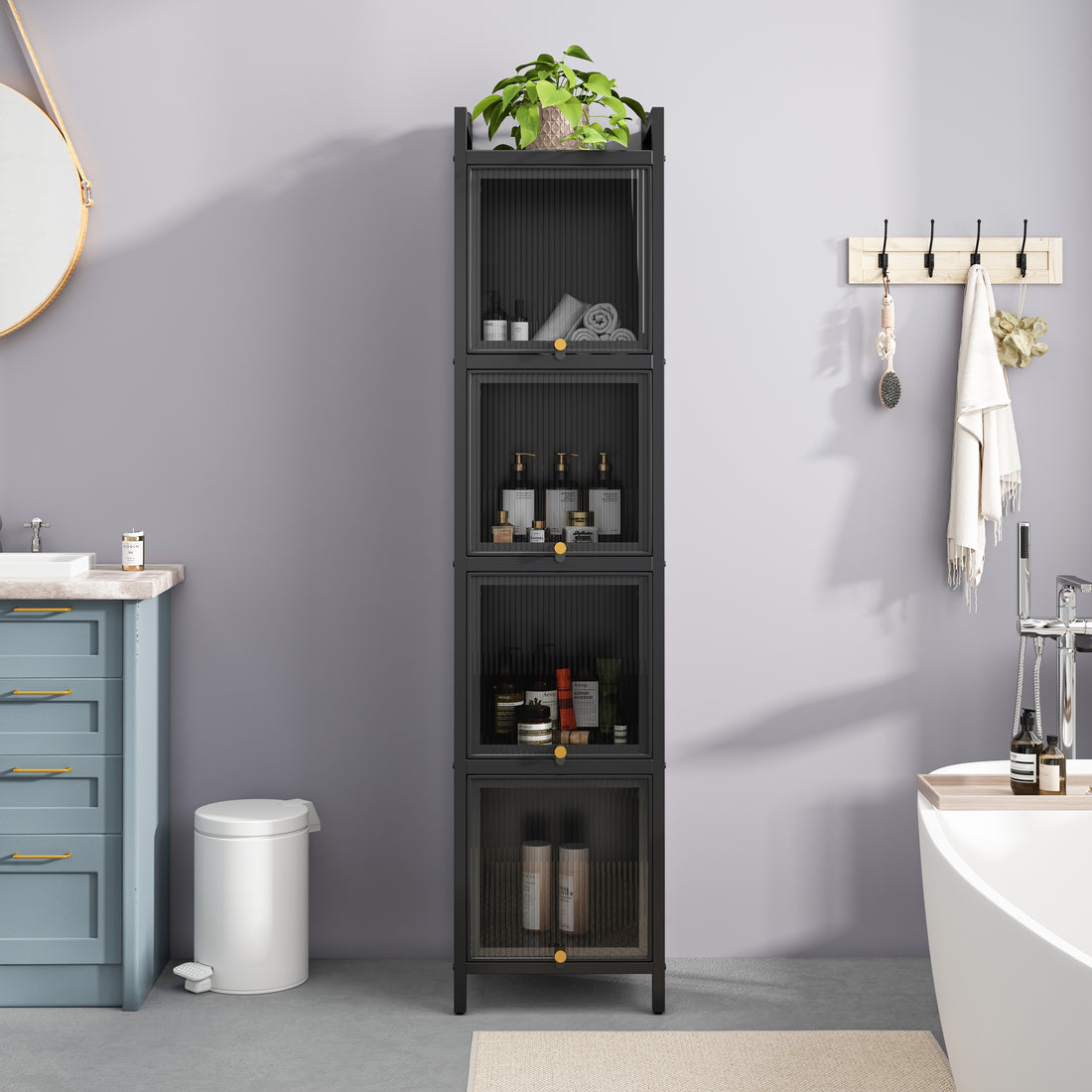 Modern Four Tier Glass Door Cabinet With Featuring Five Tier Storage, For Entryway Living Room Bathroom Dining Room,Black Black Glass,Iron
