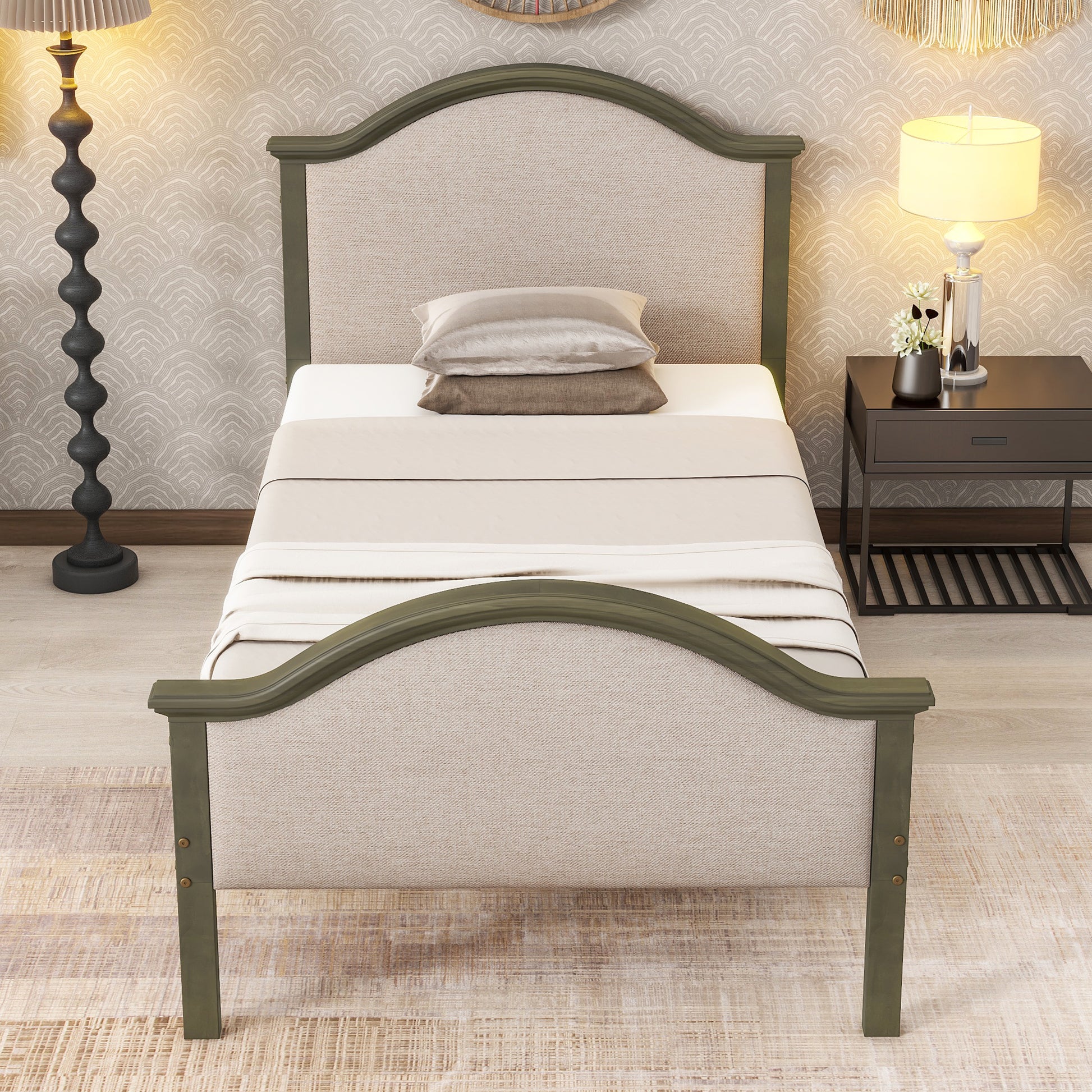 Twin Bed With Upholstered Headboard And Footboard, With Slats,Grey Twin Grey Bedroom American Design Pine