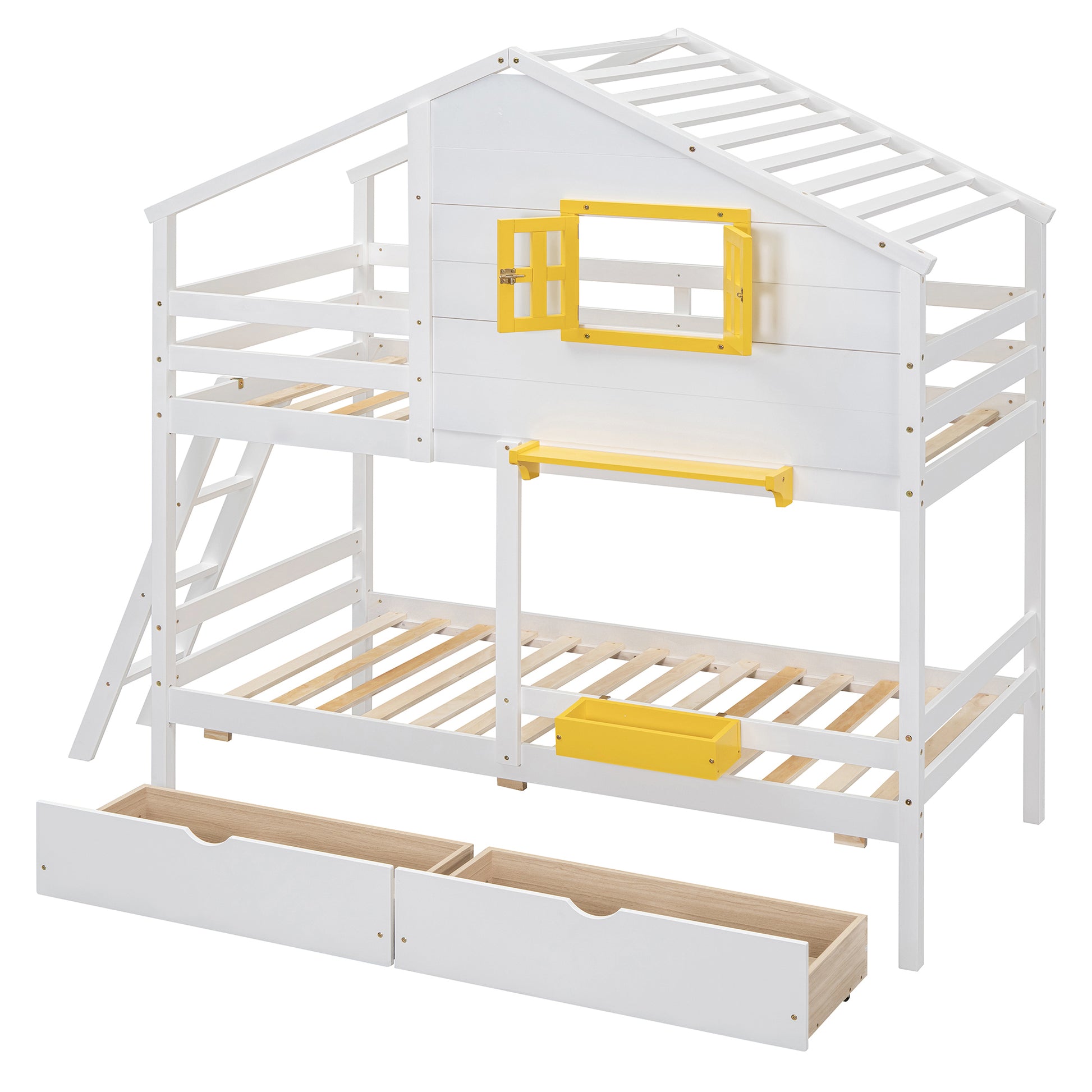 Twin Over Twin Bunk Bed With 2 Drawers, 1 Storage Box, 1 Shelf, Window And Roof White Old Sku:Lt001608Aak Twin White Solid Wood