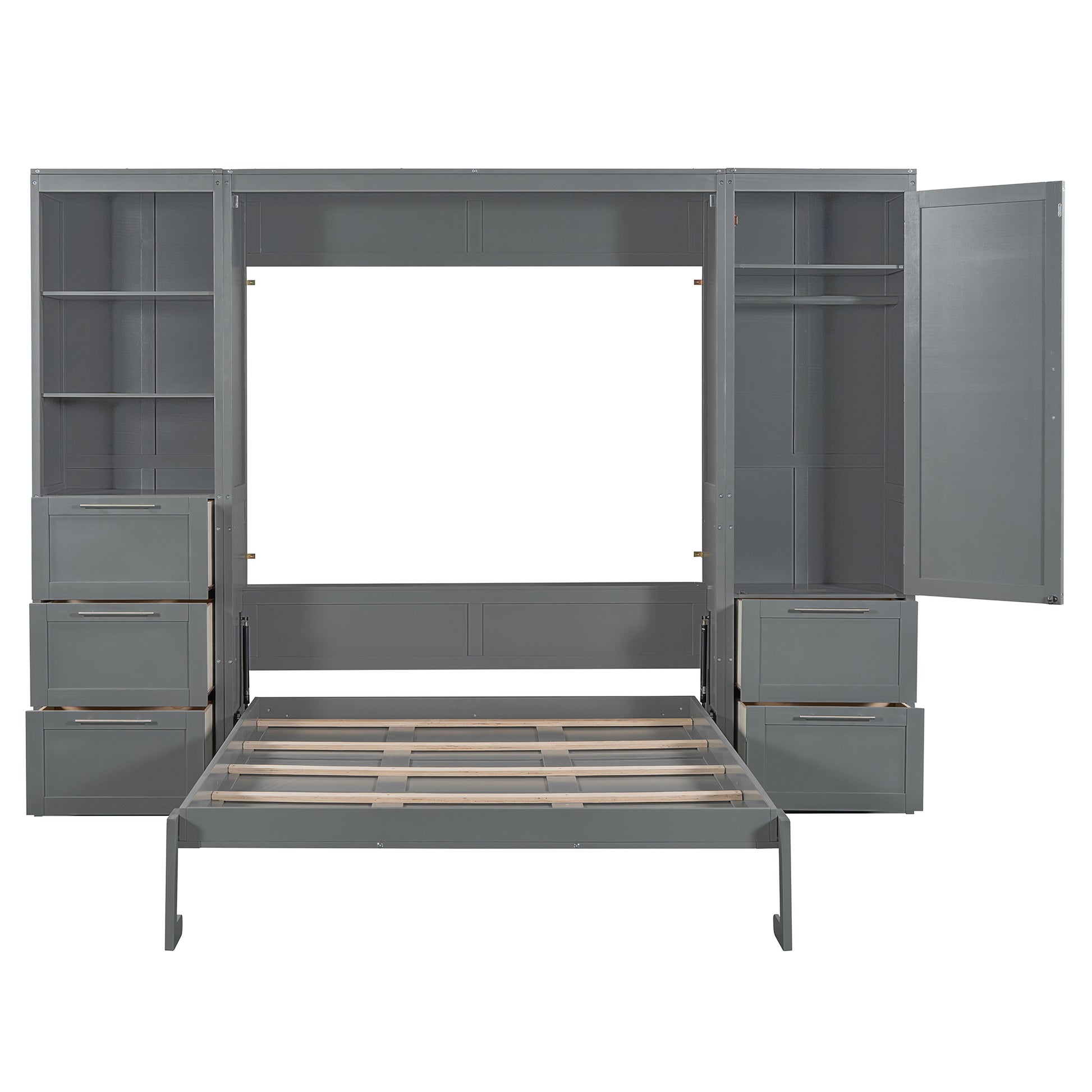 Queen Size Murphy Bed Wall Bed With Closet ,Drawers And Shelves,Gray Queen Gray Mdf Lvl