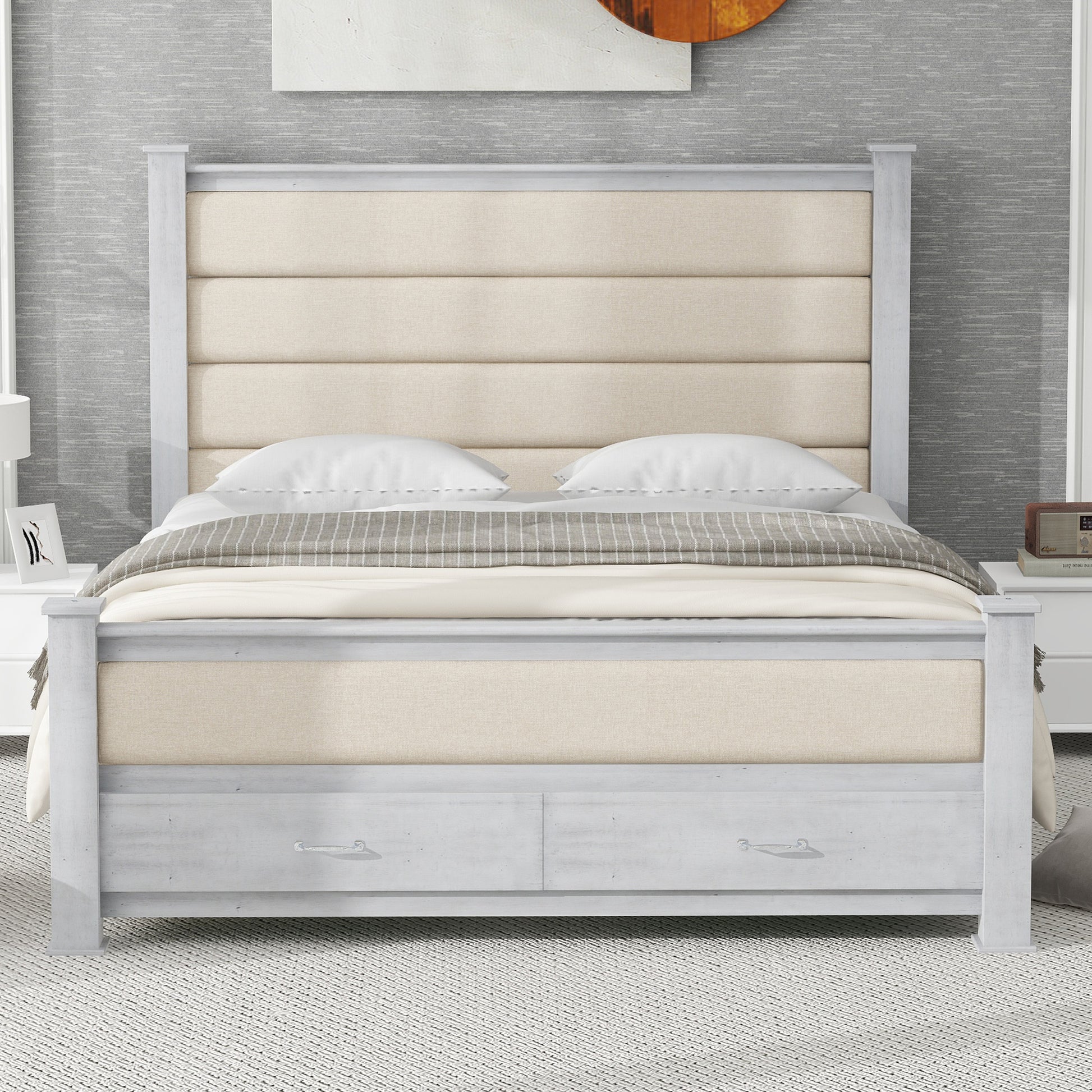 Queen Size Wood Frame Platform Bed With Upholstered Headboard, Footboard And 2 Drawers, Antique White Box Spring Not Required Queen Antique White Wood Bed Frame Solid Wood Mdf