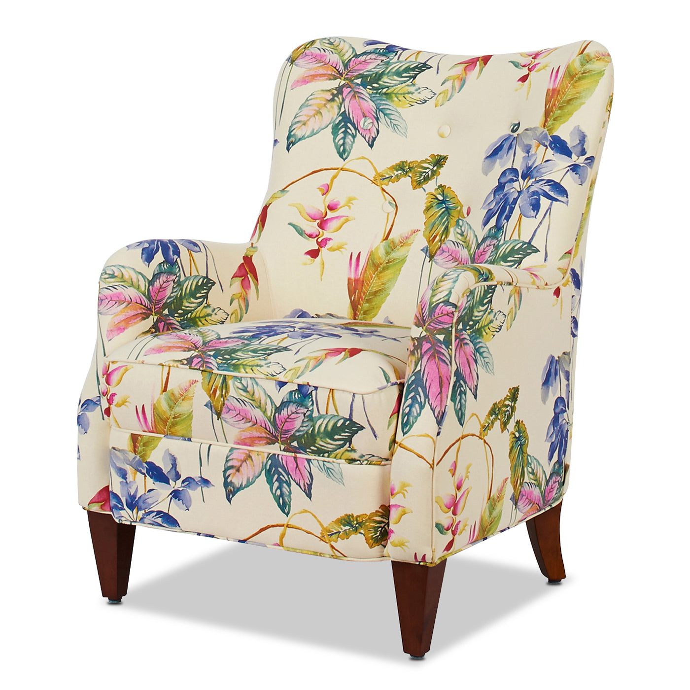 Paradise Upholstered Arm Chair, Off White Floral Printed On Cotton Beige Foam Fabric