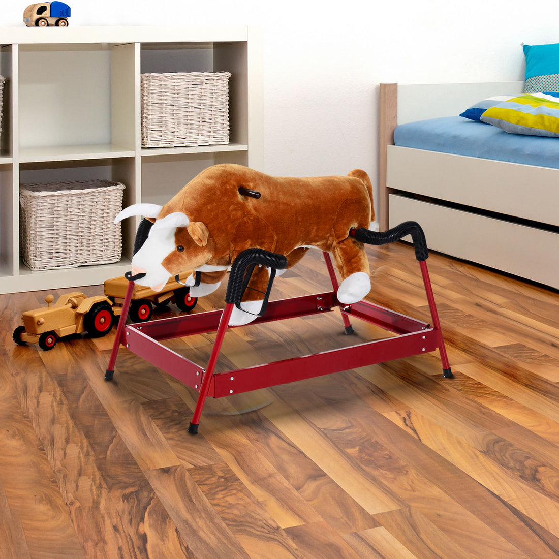 Qaba Kids Spring Rocking Horse Rodeo Bull Style With Realistic Sounds For Children Over 3 Years Old Brown Plush