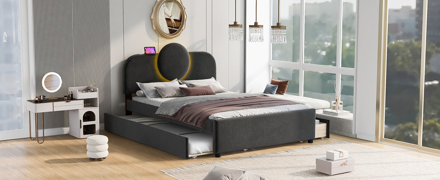 Full Size Upholstered Platform Bed With Multi Functional Led Headboard, Trundle And 2 Drawers, Gray Box Spring Not Required Full Gray Wood Bedroom Upholstered