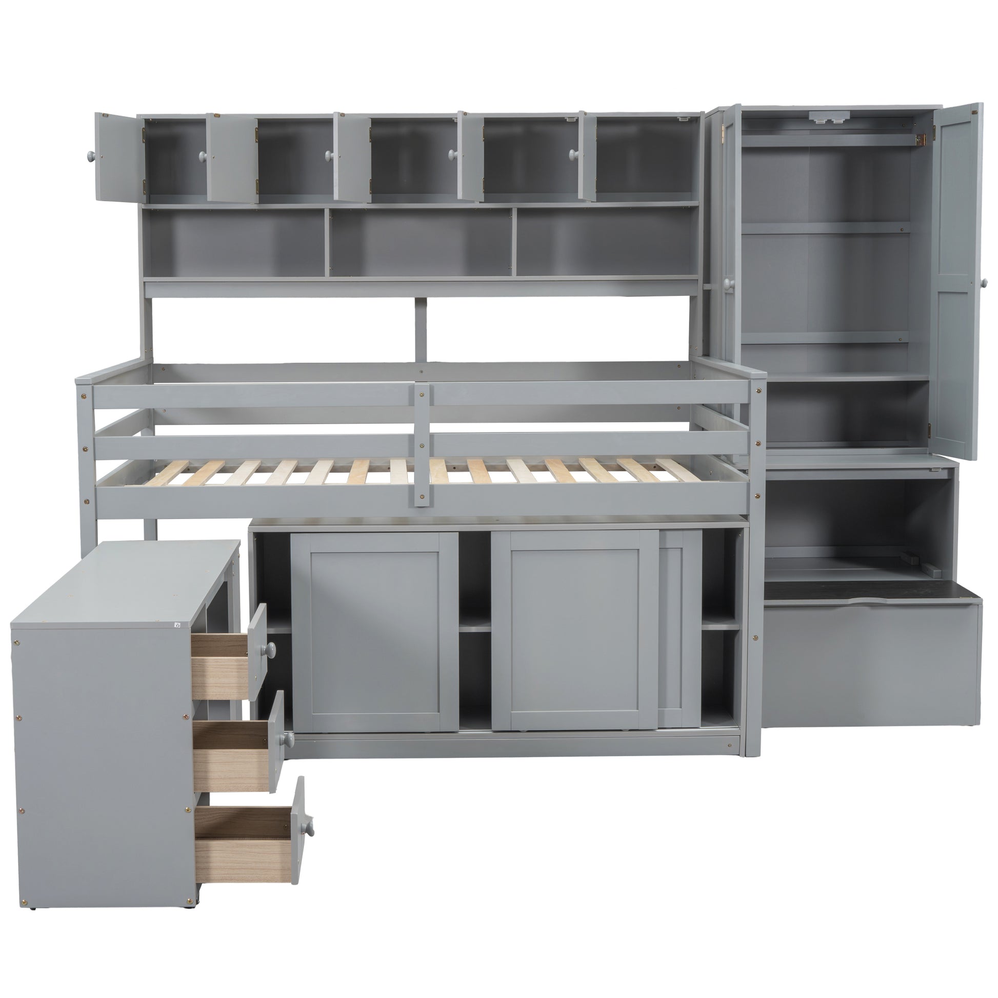 Full Size Wooden Loft Bed Big Storage With Under Bed Desk, With Drawers, With Shelves, Gray Full Gray Plywood
