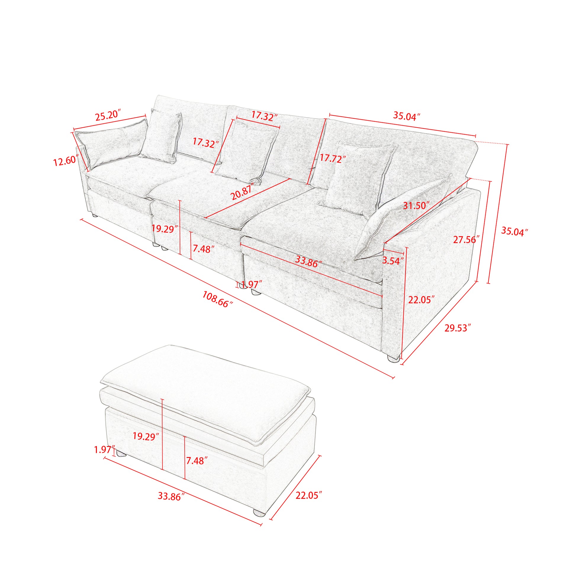 108.66"Modern Chenille L Shaped Sectional Sofa With Convertible Chaise, Comfy Cloud Couch Deep Sectional Sofa With Ottomans For Living Room Pink Wood Foam Chenille 3 Seat