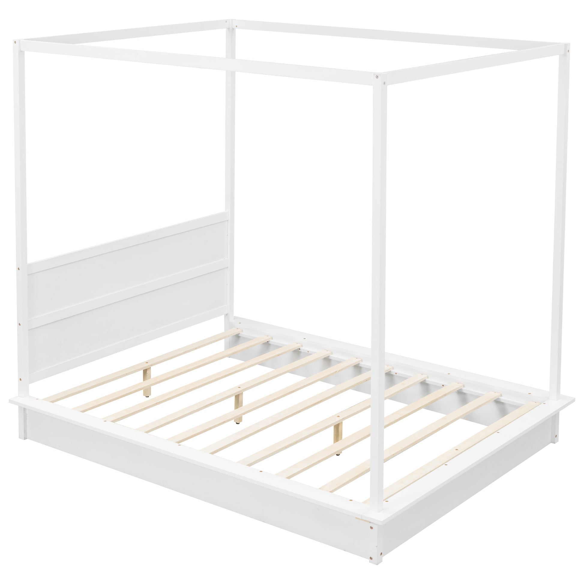 Queen Size Wood Led Canopy Bed ,Canopy Platform Bed With Support Slats, No Box Spring Needed, White Queen White Plywood
