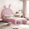 Full Size Upholstered Rabbit Shape Bed With 2 Storage Stools, Velvet Platform Bed With Cartoon Ears Shaped Headboard, Pink Full Pink Wood