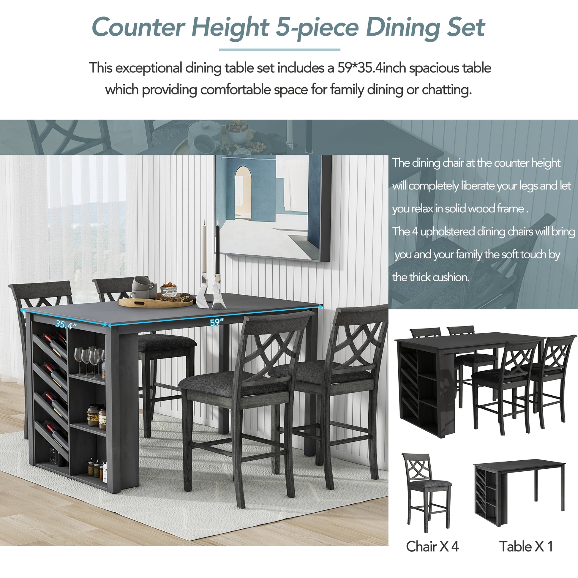 Updated Counter Height 5 Piece Solid Wood Dining Table Set, 59*35.4Inch Table With Curved Wine Rack And 4 Upholstered Chairs, Grey Wood Dining Room Solid Wood Rubberwood Rectangular Dining Table With Chair Wood Wood Grey Solid Back Seats 4 Farmhouse 4