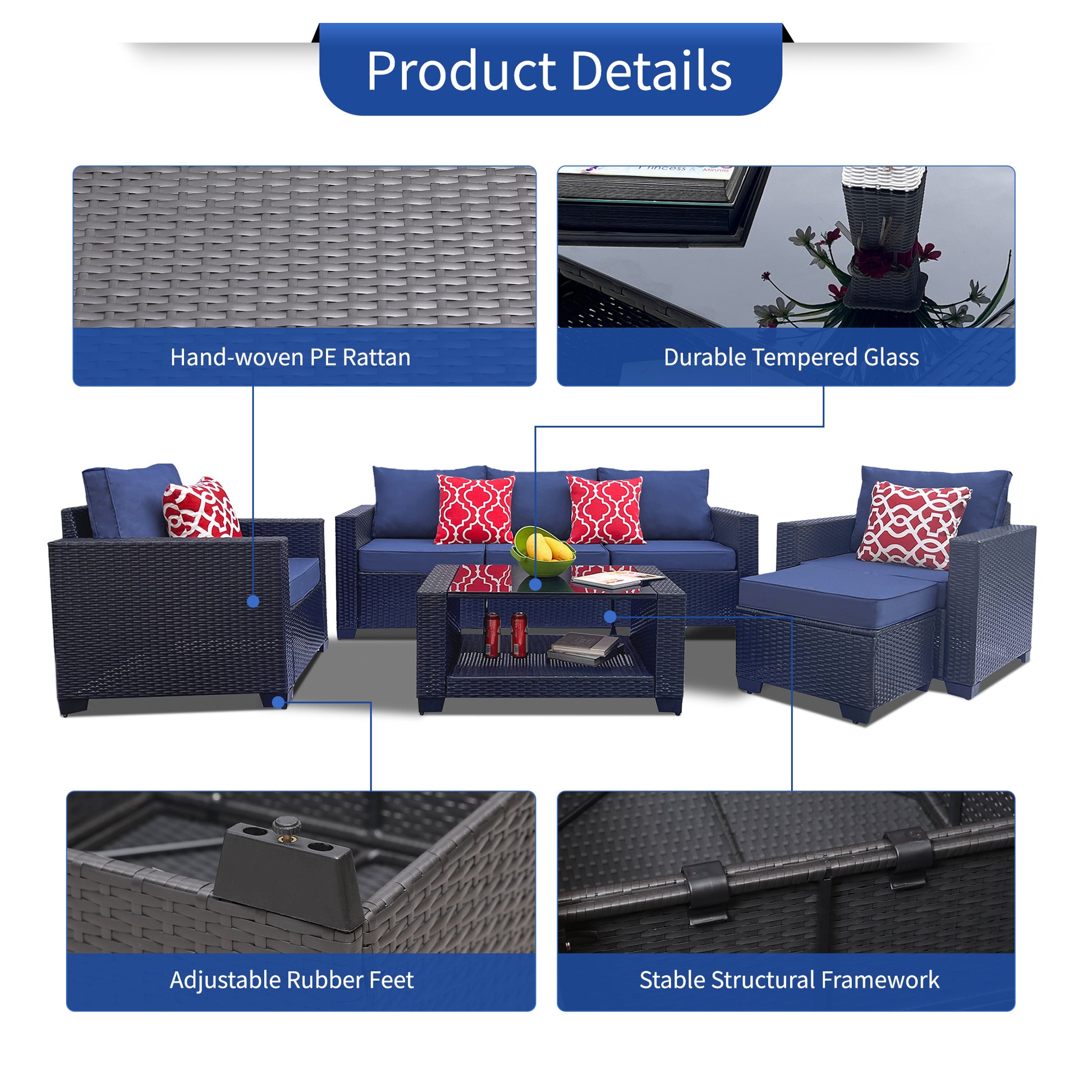 Outdoor Garden Patio Furniture 7 Piece Pe Rattan Wicker Cushioned Sofa Sets And Coffee Table, Patio Furniture Set Outdoor Couch Outdoor Couch Patio Furniture Outdoor Sofa Patio Couch Yes Complete Patio Set Dark Coffee Blue Seats 6 Weather Resistant Frame