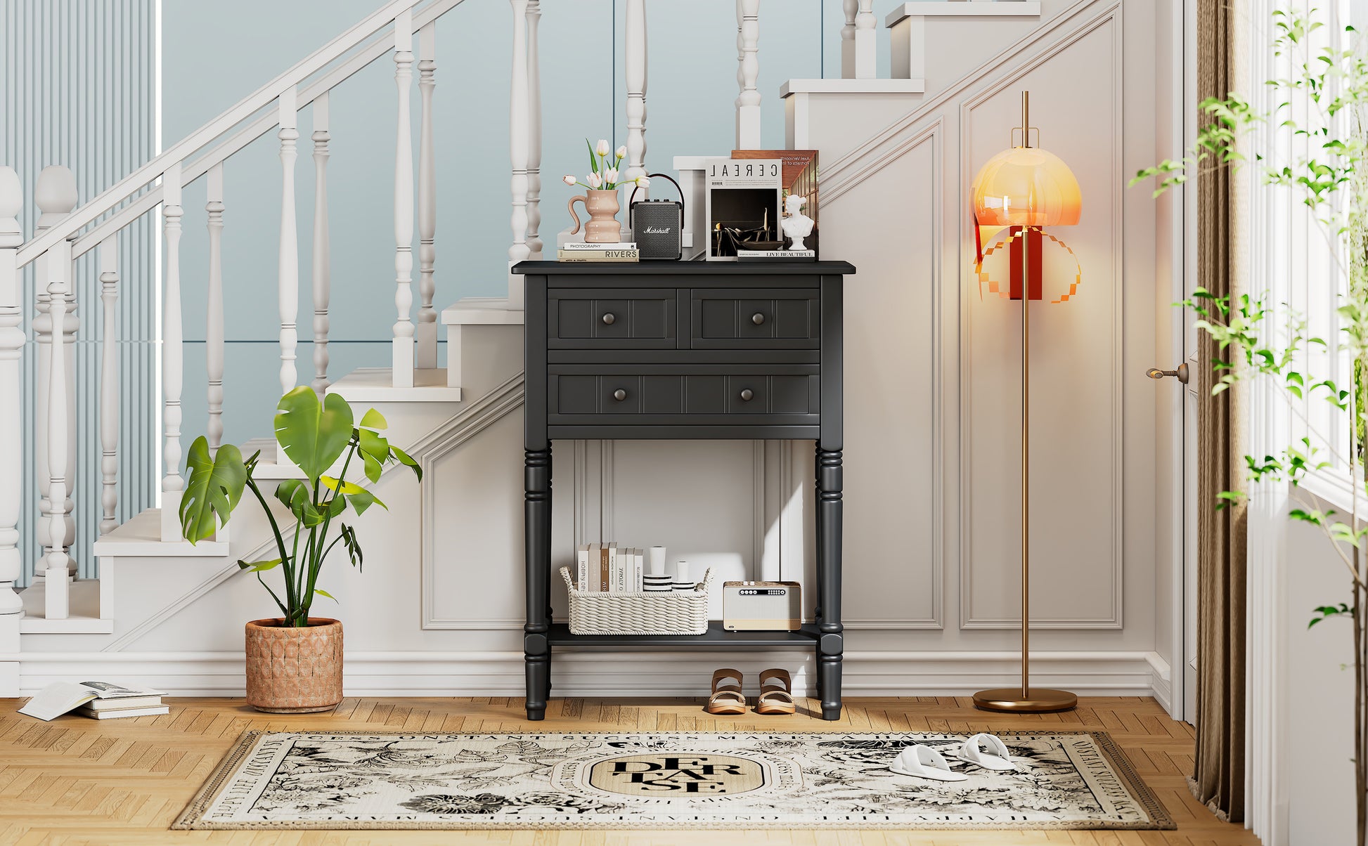 Narrow Console Table, Slim Sofa Table With Three Storage Drawers And Bottom Shelf Black Black Solid Wood Mdf