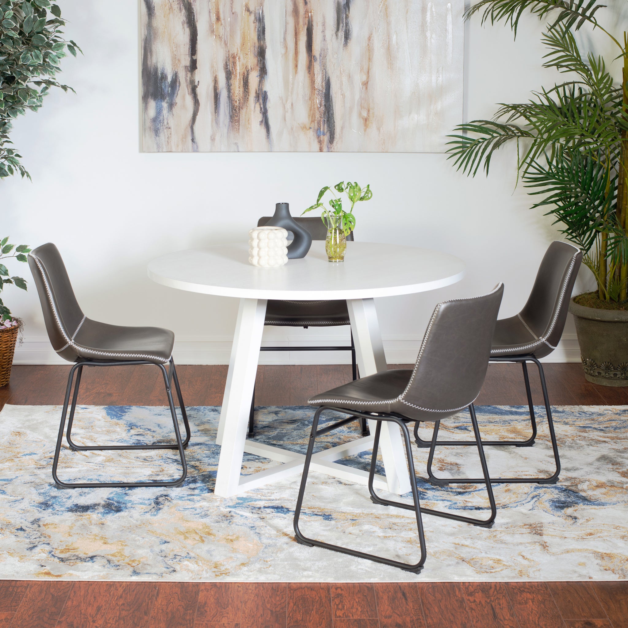 Varna 5 Piece Round Dining Set, Trestle Dining Table With 4 Stylish Chairs Wood White Seats 4 White Wood Fixed Table Rubberwood Round Round Dining Table With Chair Mdf Metal