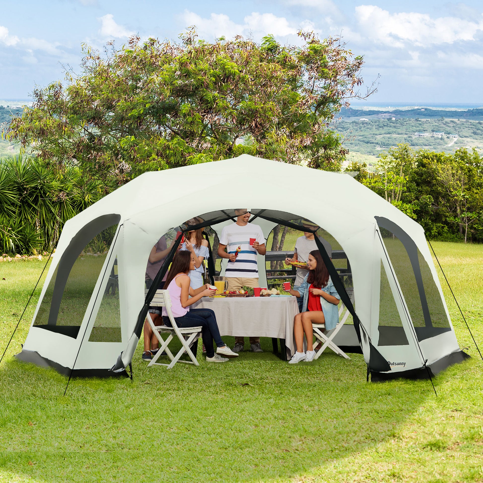Outsunny 20 Person Camping Tent, Outdoor Cabin Tent Tent With 2 Doors, Screen Room, Family Dome Tent For Hiking, Backpacking, Traveling, Easy Set Up, Cream Cream White Steel