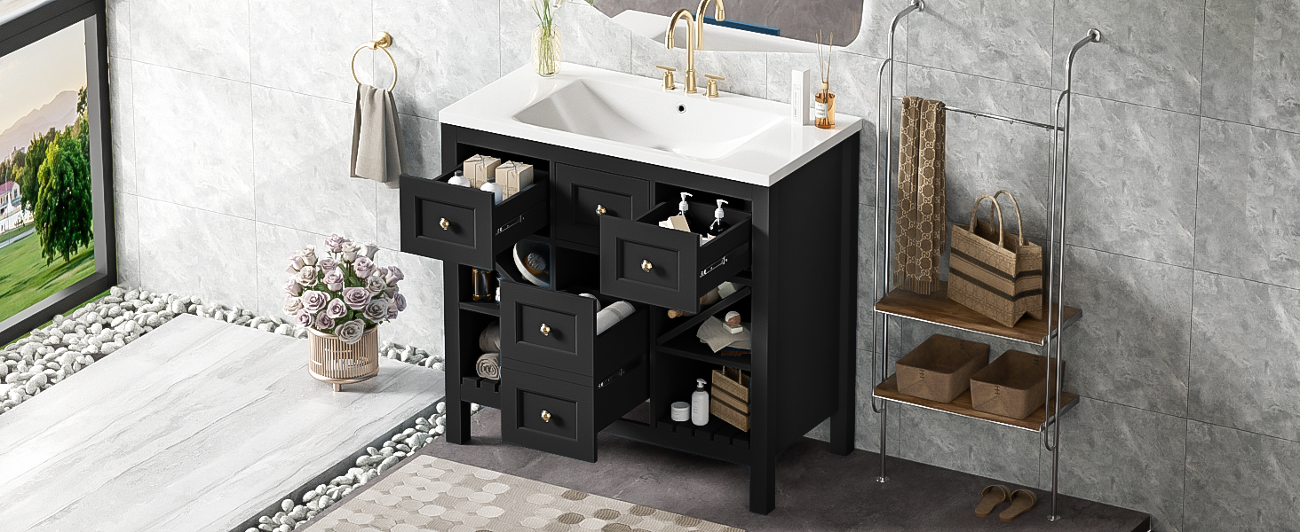 36'' Bathroom Vanity With Resin Sink Combo, Solid Wood Frame Bathroom Storage Cabinet, Freestanding Vanity Set With 5 Drawers& Soft Closing Doors Same As N710S136001B Black Bathroom Solid Wood Mdf Resin