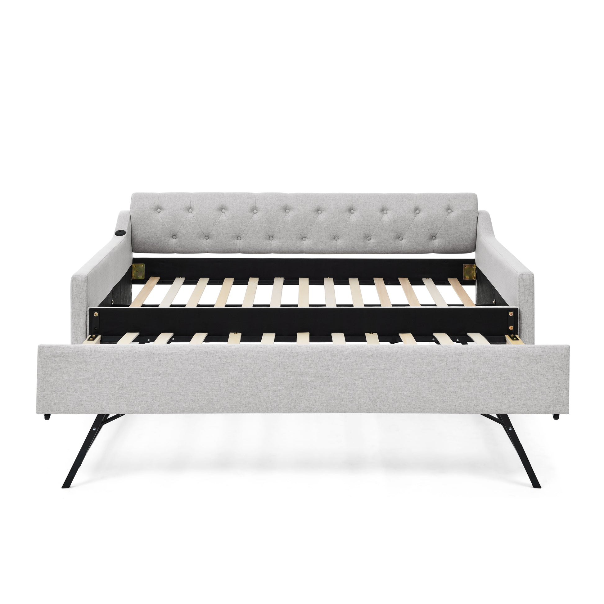 Full Size Upholstery Daybed With Twin Size Erectable Trundle And Usb Charging Design, Linen Beige Box Spring Not Required Full Beige Bedroom Linen Linen