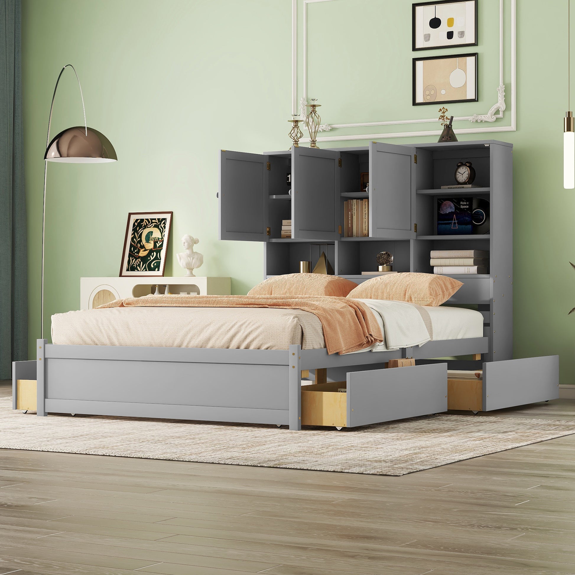 Queen Size Platform Bed With Storage Headboard And 4 Drawers, Gray Box Spring Not Required Queen Gray Wood Bedroom Bed Frame Solid Wood Mdf