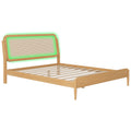Queen Size Wood Storage Platform Bed With Led Light, Rattan Headboard, Nature Box Spring Not Required Queen Antique Natural Wood Bedroom Bed Frame Wood Rattan