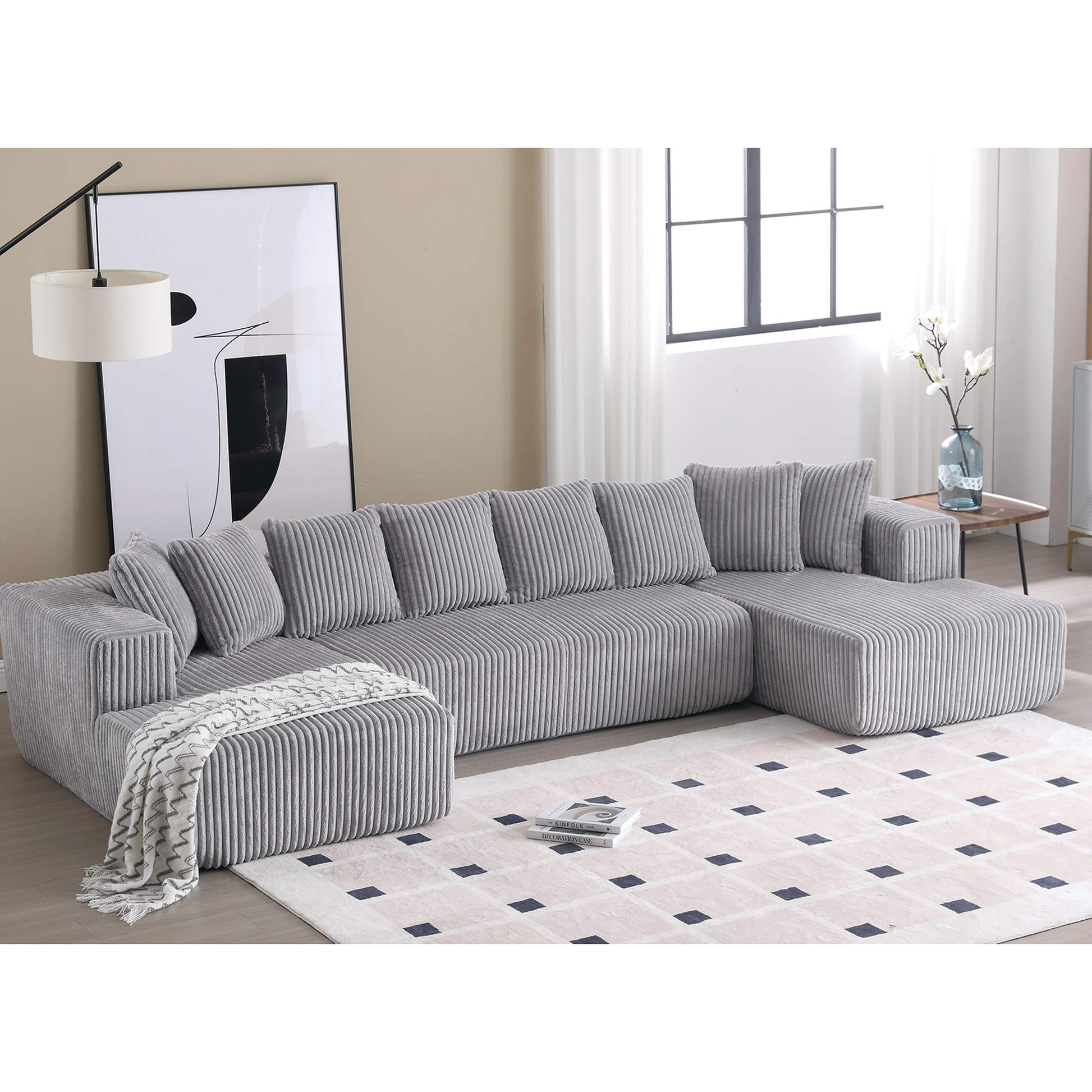 Arrived 131'' Modular Sectional Couch, U Shaped Sofachaise Lounge, Striped Fabric,Upholstered 4 Seater Couch For Living Room, Bedroom, Free Combination Sofa Corduroy , Gray Gray Polyester Primary Living Space Soft Modern Square Arms Foam Upholstered 4
