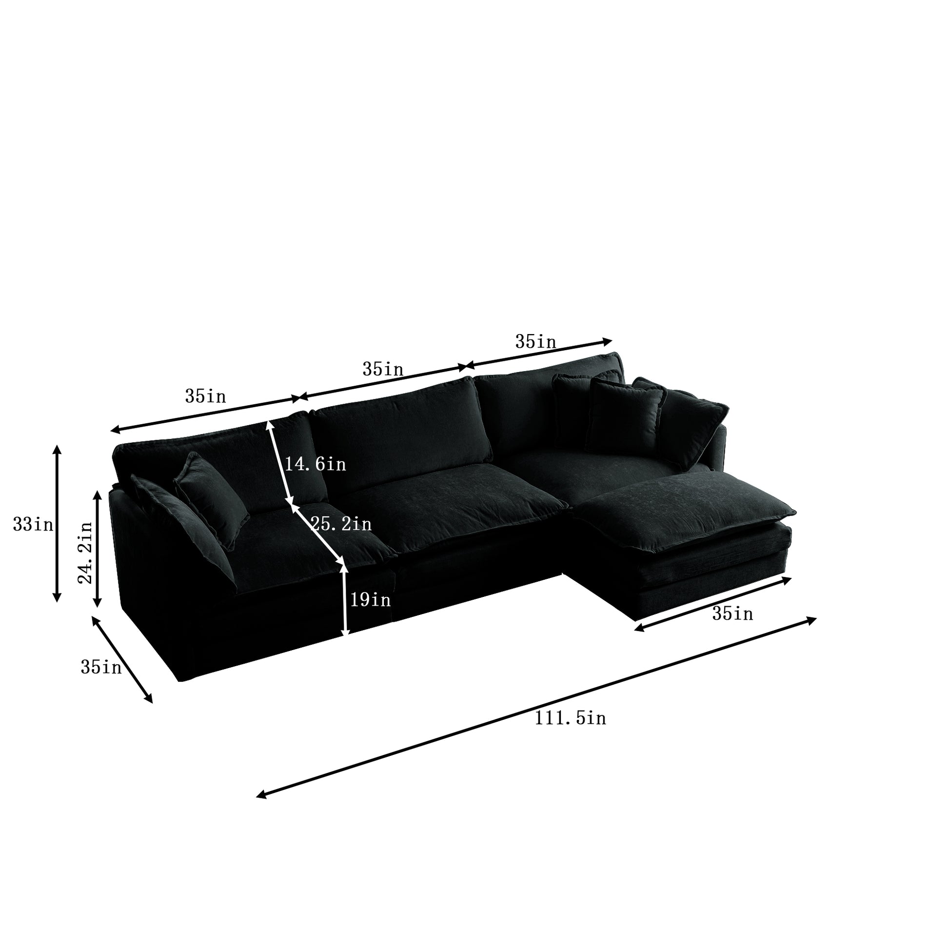 Free Combination Comfy Upholstery Modular Oversized L Shaped Sectional Sofa With Reversible Ottoman, Black Chenille Black Chenille 3 Seat
